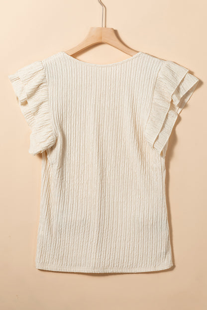 Crinkle Textured V Neck Flutter Sleeve Top | Apricot