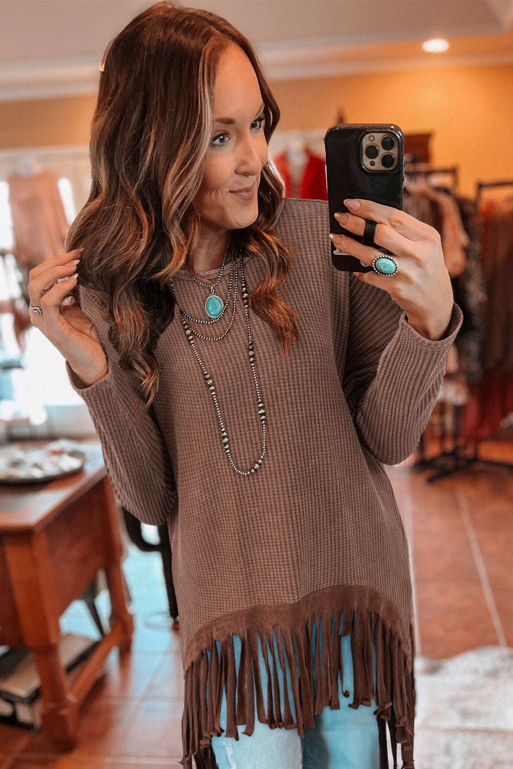 Waffle Knit Fringed High Low Loose Top | Coffee