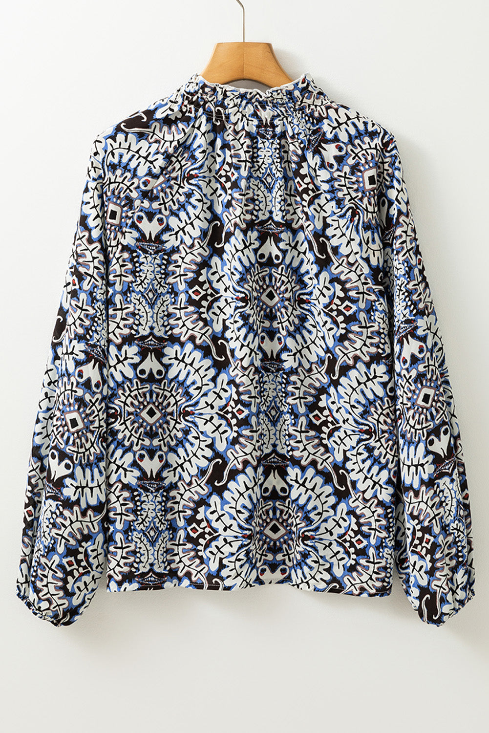 Tribal Print Lace-Up Frilled Neck Puff Sleeve Blouse | Blue