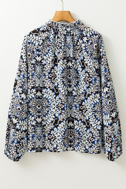 Tribal Print Lace-Up Frilled Neck Puff Sleeve Blouse | Blue