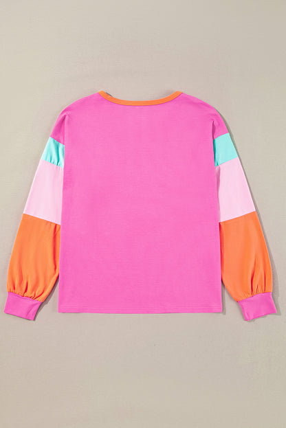 Colourblock Patchwork Long Sleeve Loose Top | Rose Red