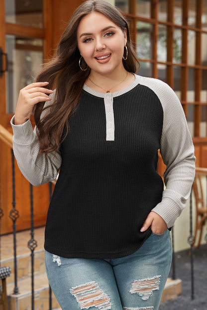 Colour Contrast Waffle Knit Buttoned Plus Size Top | Black