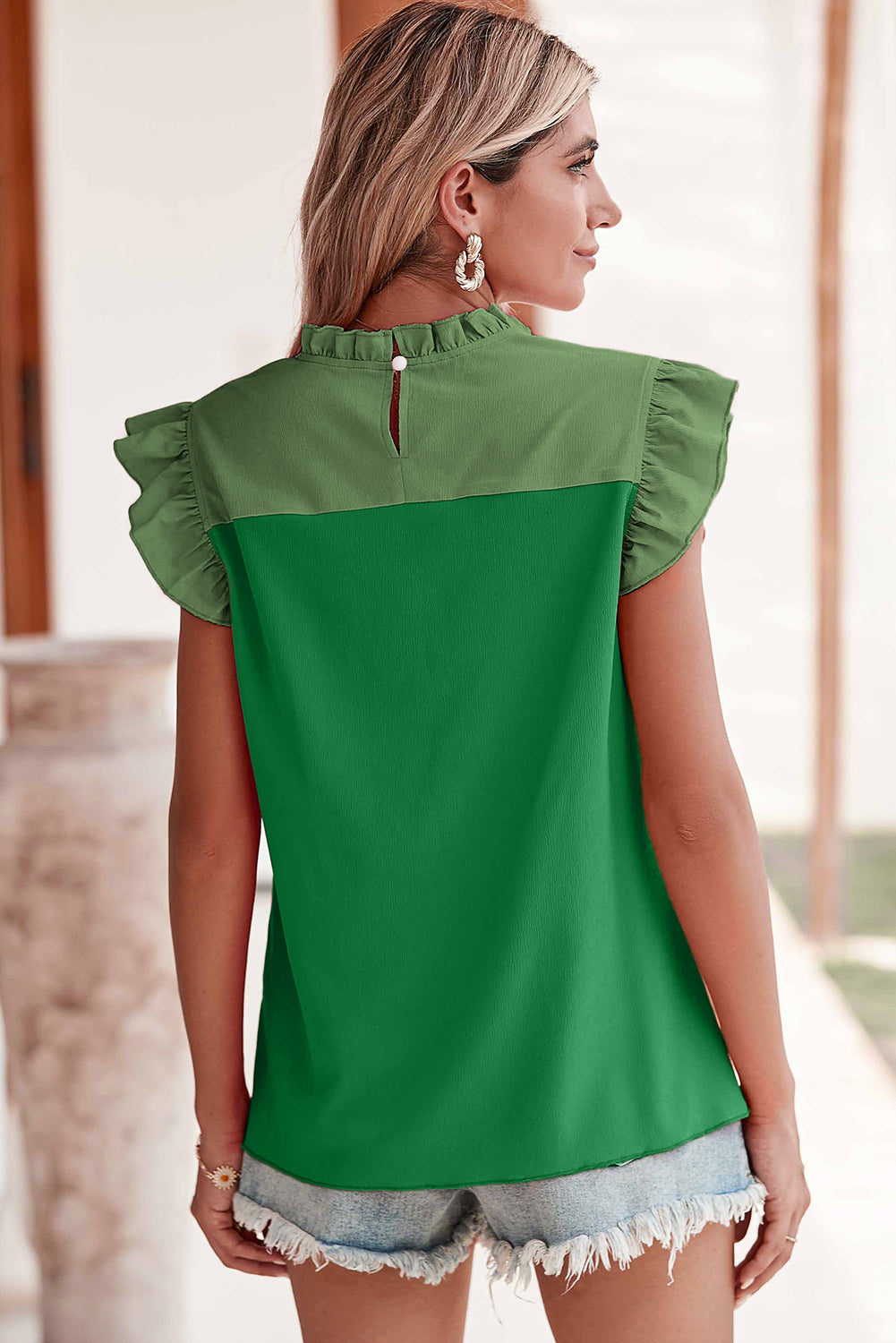 Two Tone Ruffled Flutter Sleeve Blouse | Bright Green