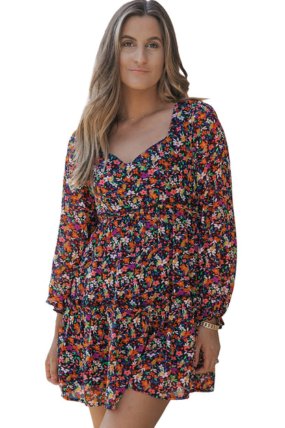 Wrapped V Neckline Long Sleeve Floral Dress | Black