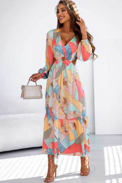 Abstract Print O-Ring Cut Out Long Sleeve Maxi Dress | Multicolour