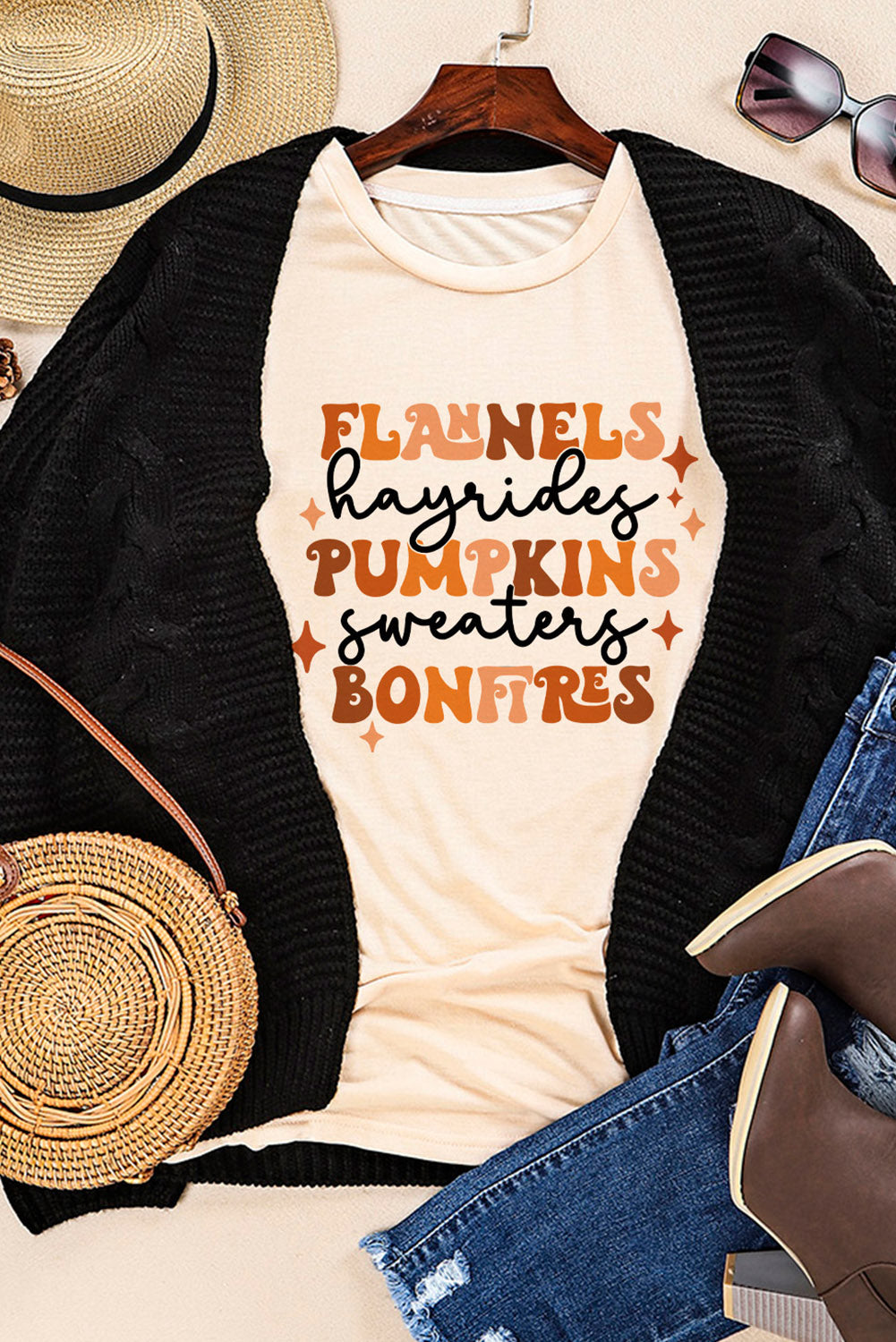 Flannels Hayrides Pumpkins Sweaters Bonfires Tee | Khaki