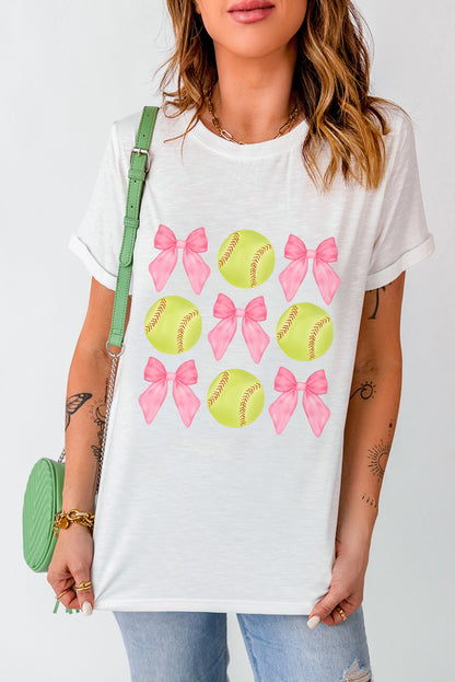 Bow Tie Baseball Print Round Neck Casual Tee | White