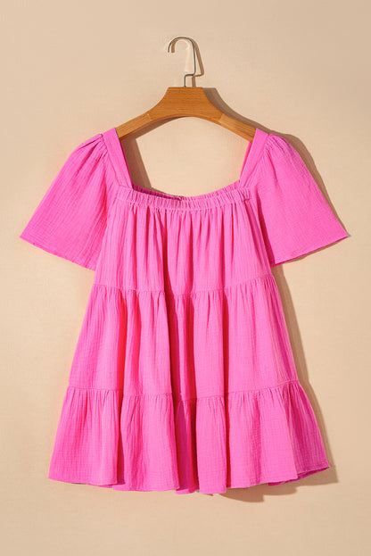 Textured Square Neck Flutter Sleeve Tiered Flowy Blouse | Bright Pink