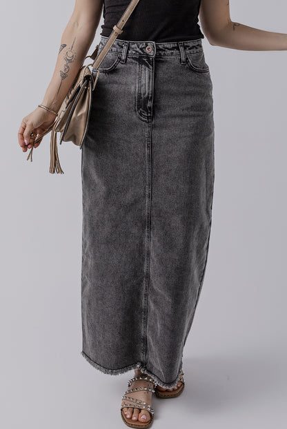 Denim Raw Hem Back Split High Waist Long Skirt | Dark Grey