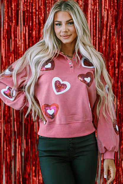 Mineral Wash Sequin Heart Snap Buttons Collared Sweatshirt | Pink