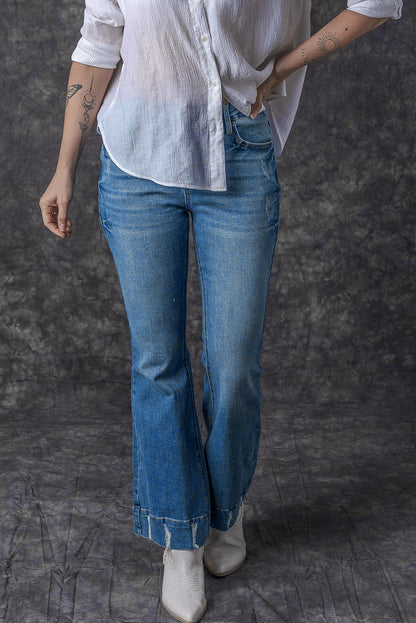 Slight Distressed Medium Wash Flare Jeans | Sky Blue