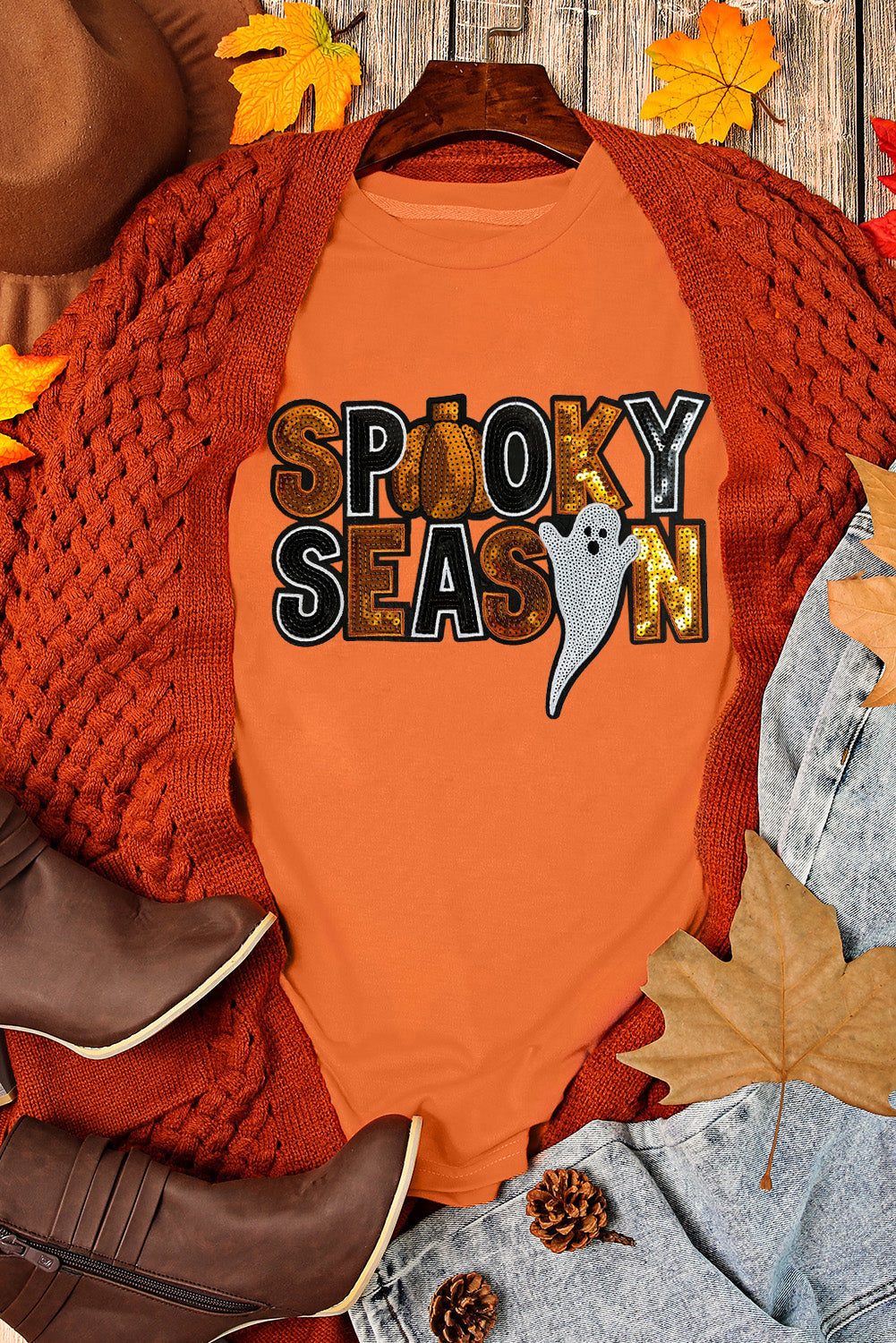 Sequin Spooky Season Ghost Pattern Halloween T Shirt | Orange