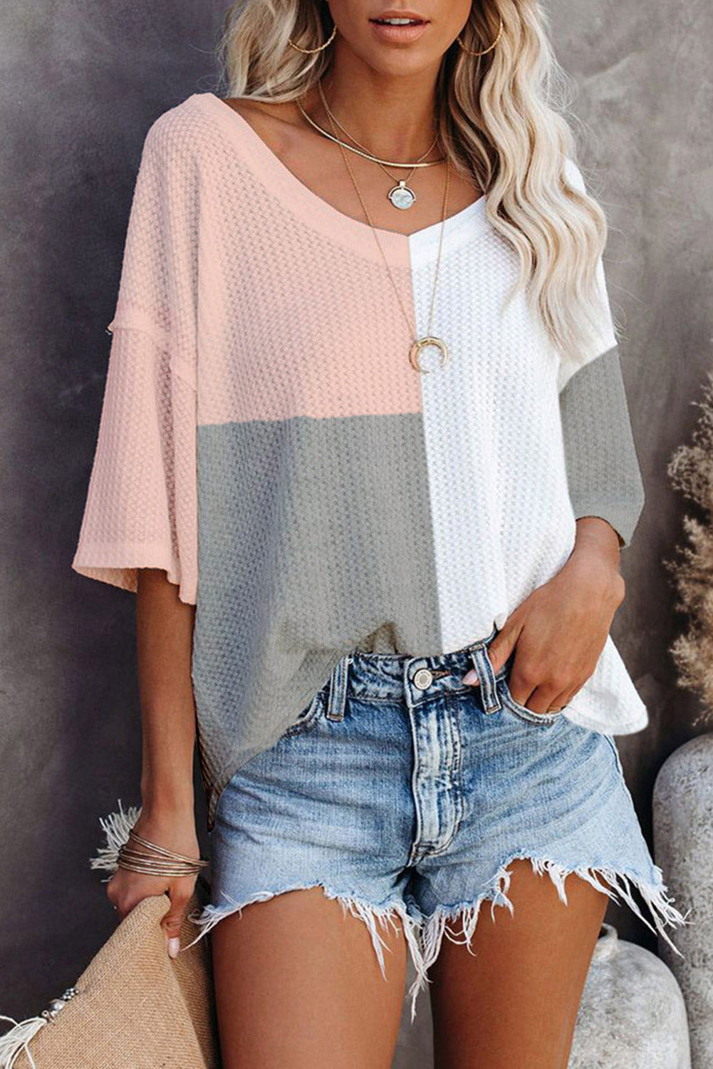 Waffle Colourblock Wide Sleeve Oversized Top | Multicolour