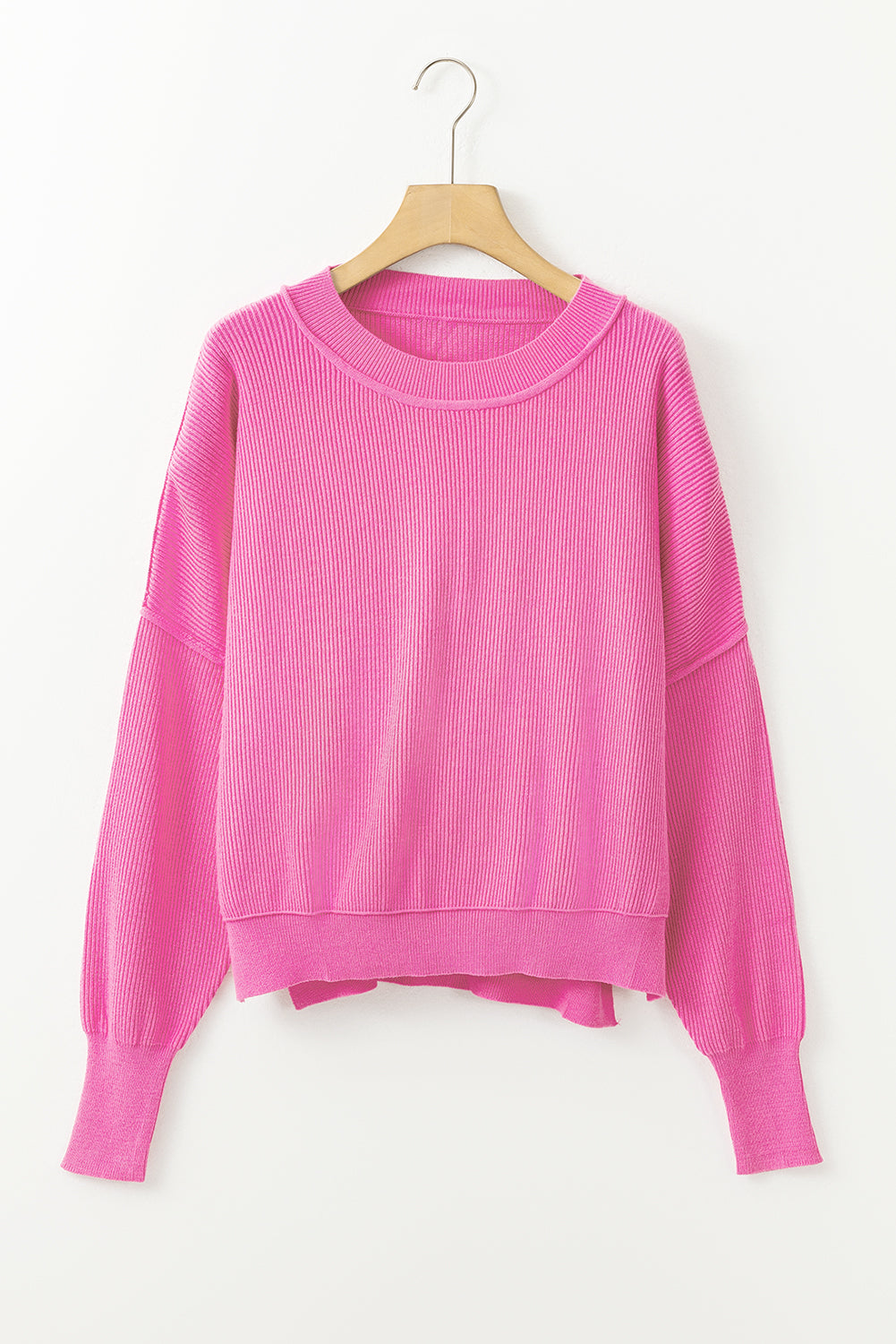 Ribbed Trim Drop Shoulder Baggy Sweater | Dark Pink