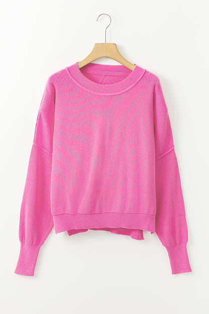 Ribbed Trim Drop Shoulder Baggy Sweater | Dark Pink