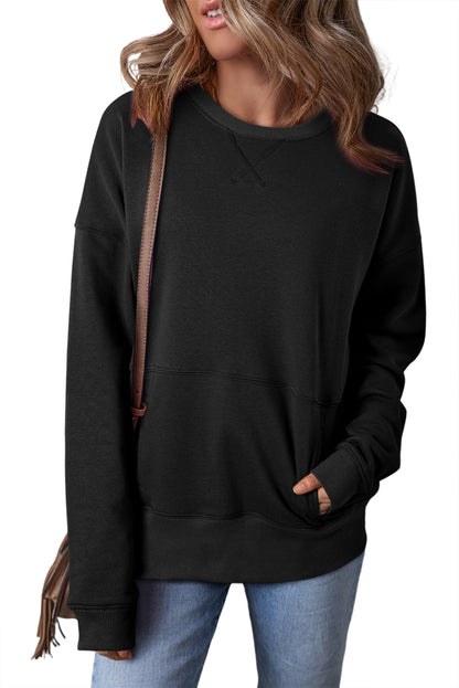 Drop Shoulder Crisscross Stitching Pocketed Loose Sweatshirt | Black