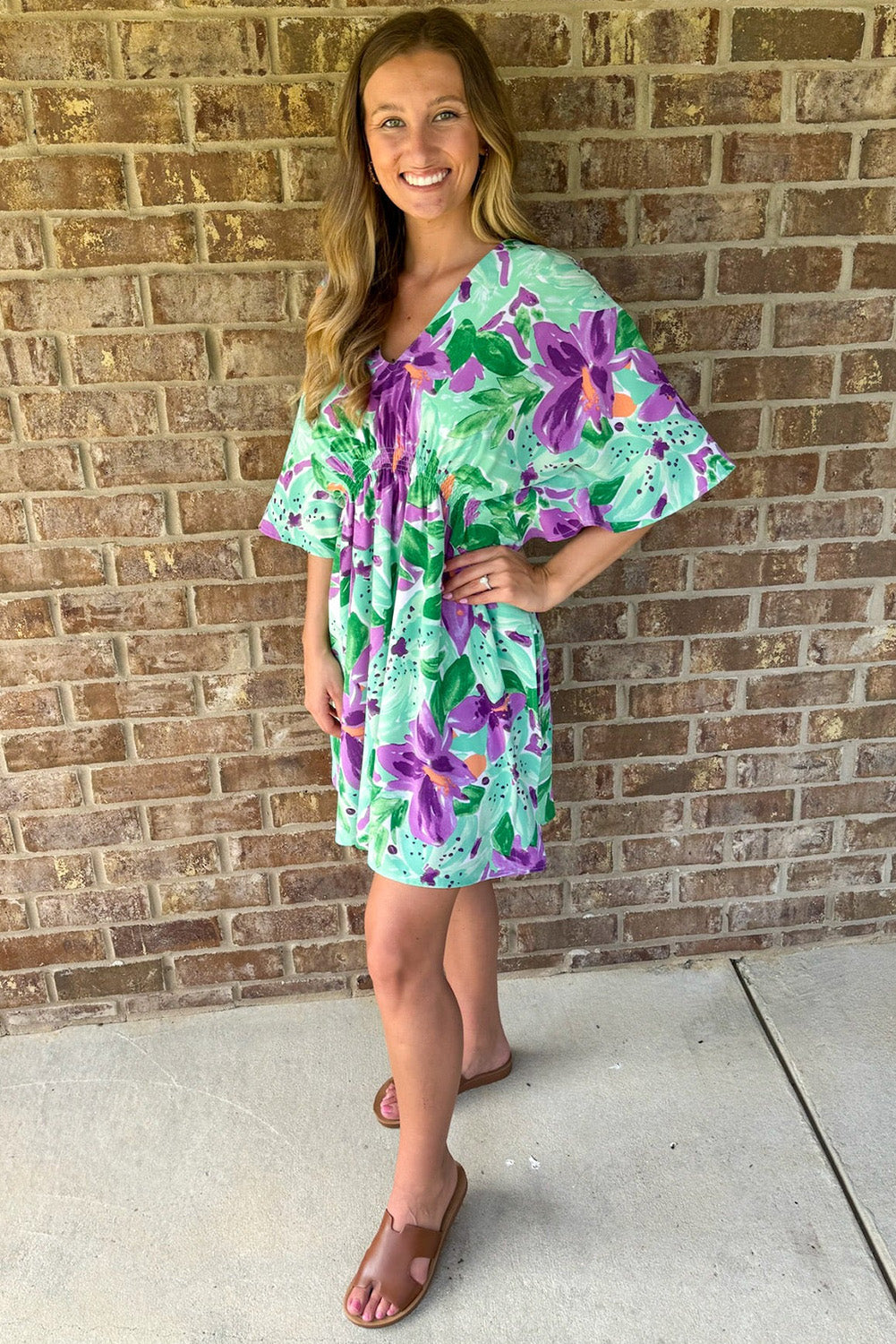 Boho Floral Half Sleeve V Neck Shirred Waist Mini Dress | Green