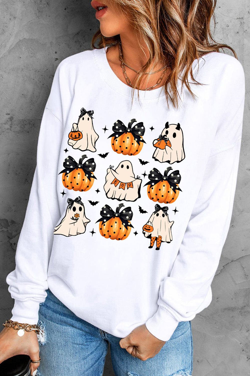 Halloween Ghost Pumpkin Print Crew Neck Sweatshirt | Beige