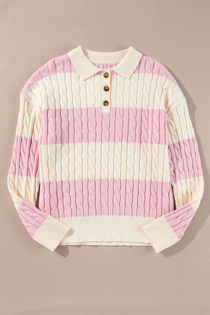 Cable Knit Collared Henley Sweater | Pink Stripe