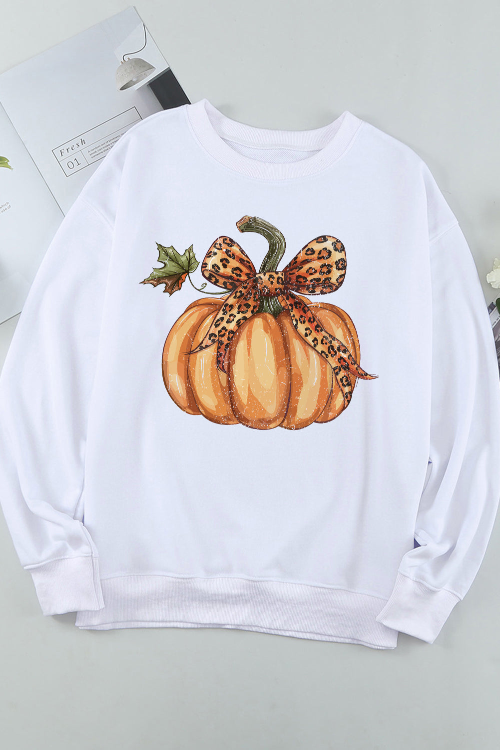 Leopard Bowknot Pumpkin Graphic Crewneck Sweatshirt | Beige