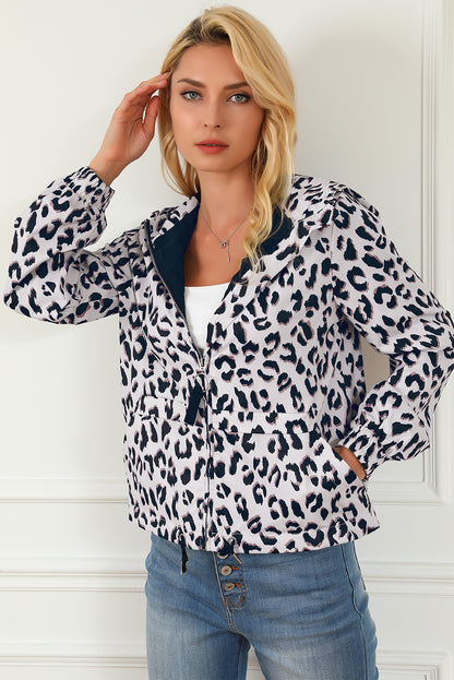 Zip Up Collared Hooded Windbreaker | Leopard