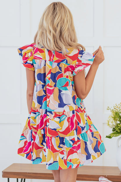 Abstract Printed Ruffled Flutter Sleeve Tiered Mini Dress | Pink