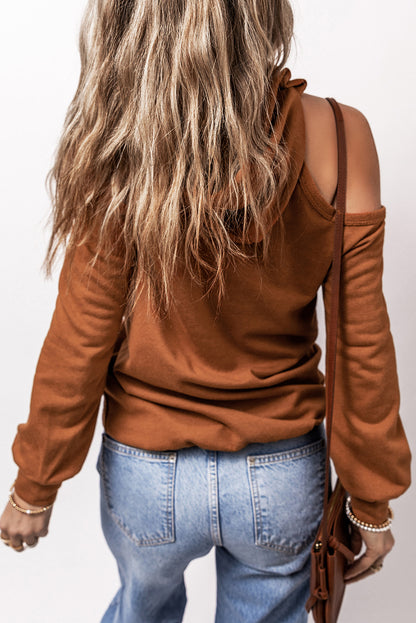 Exposed Seam Cold Shoulder Drawstring Hoodie | Cinnamon