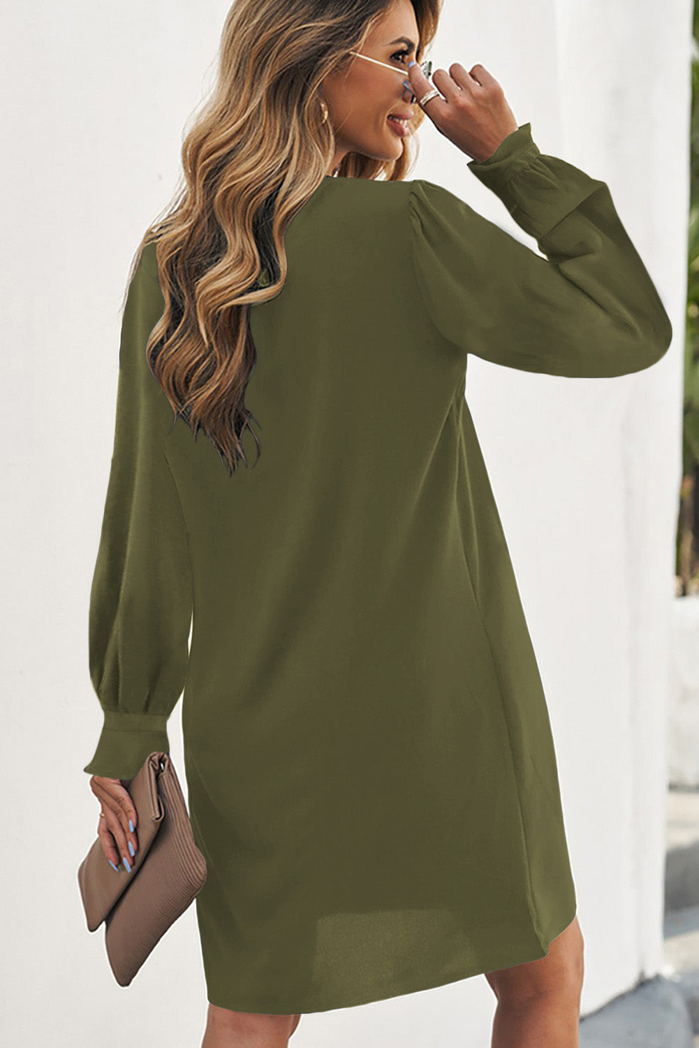 Split V Neck Ruffled Sleeves Shirt Dress | Green