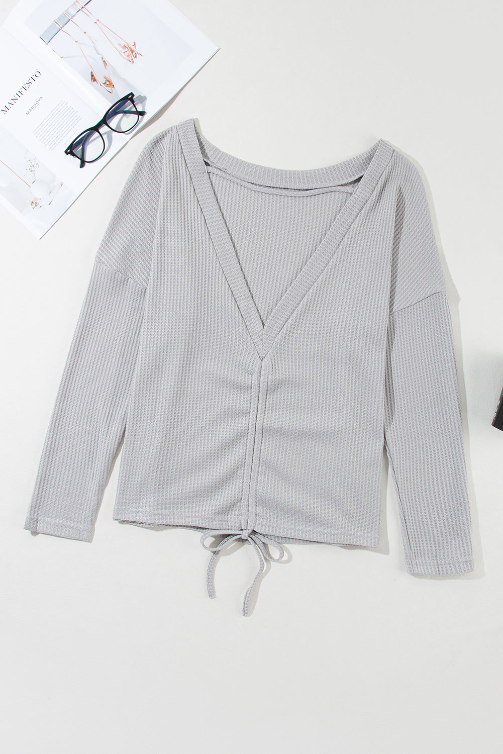 V Cut Drawstring Back Waffle Knit Long Sleeve Top | Gray