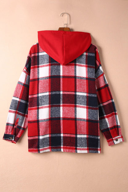 Fiery  Hooded Plaid Button Front Shacket | Red