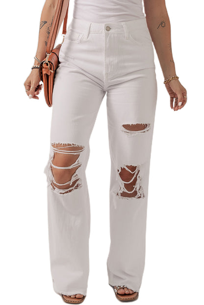 Heavy Distressed Straight Leg Jeans | Bright White