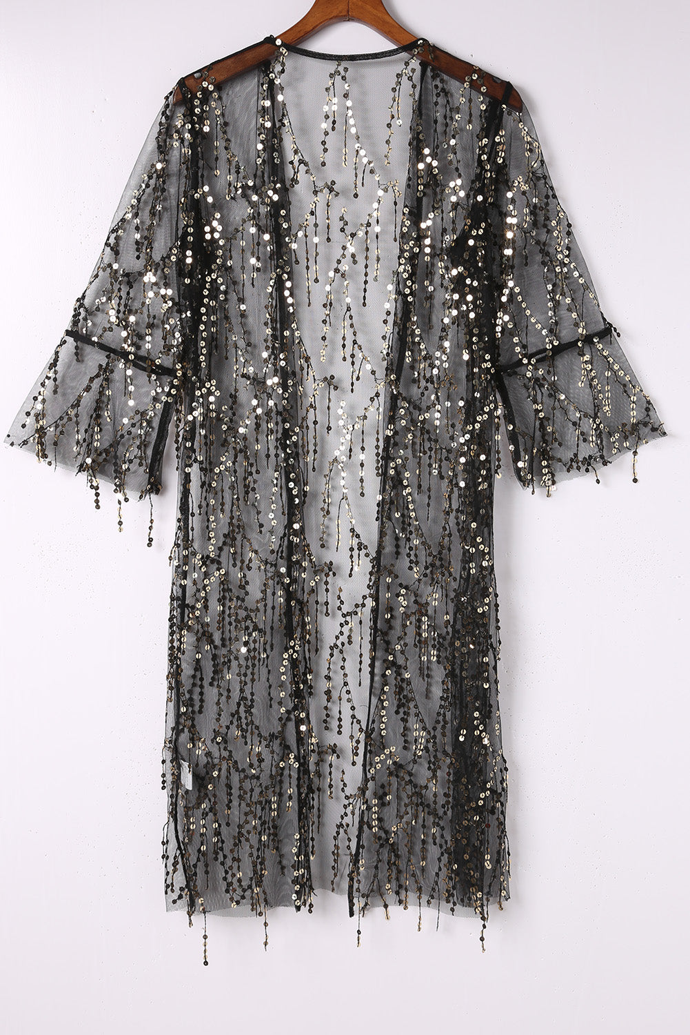 Sequin Sheer Long Sleeve Open Front Kimono | Black