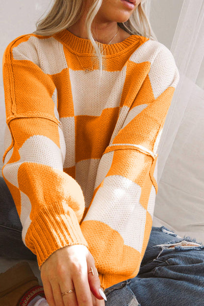 Orange Checkered Bishop Sleeve Sweater | Grapefruit Orange