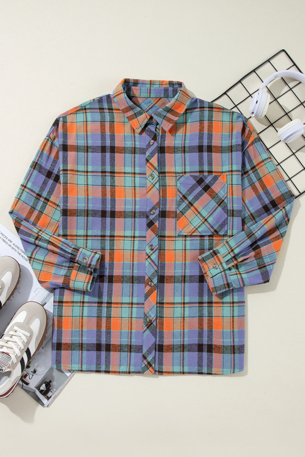 Plus Size Plaid Print Buttoned Shirt | Orange