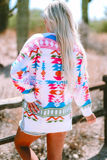 Oversize Aztec Print High Low V Neck Sweater | White