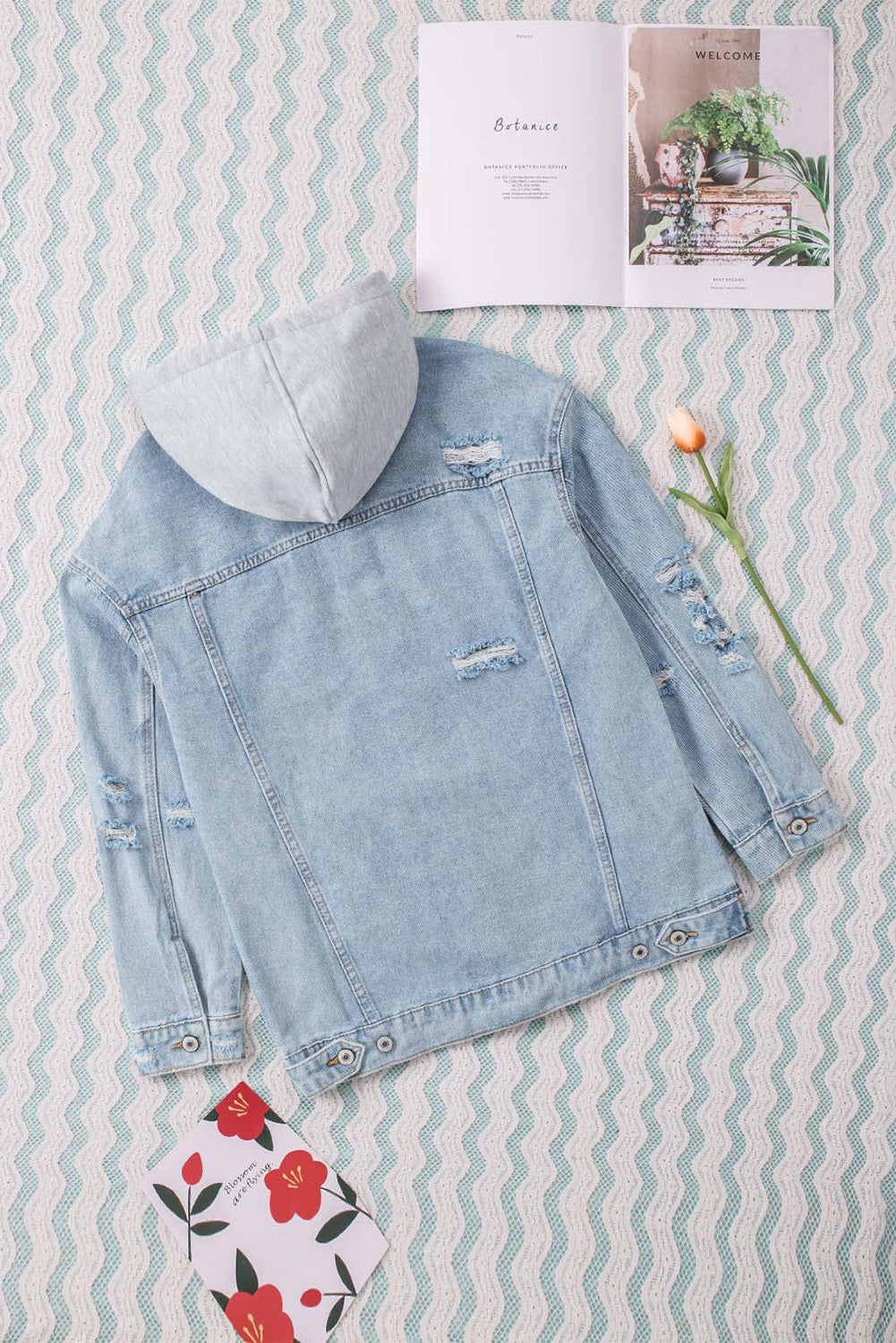 Button Closure Ripped Hooded Denim Jacket | Sky Blue