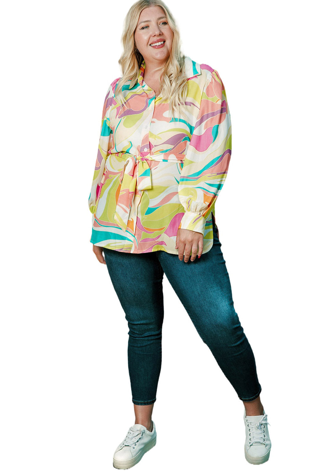 Plus Size Abstract Print Loose Tunic Shirt | Yellow