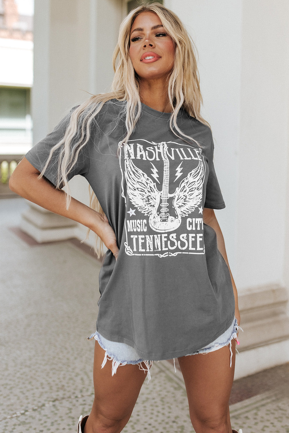 Guitar Slogan Letter Graphic Print Oversized T Shirt | Gray