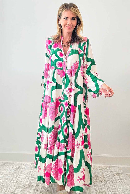 Boho Floral Printed Long Sleeve Buttoned Loose Maxi Dress | Pink