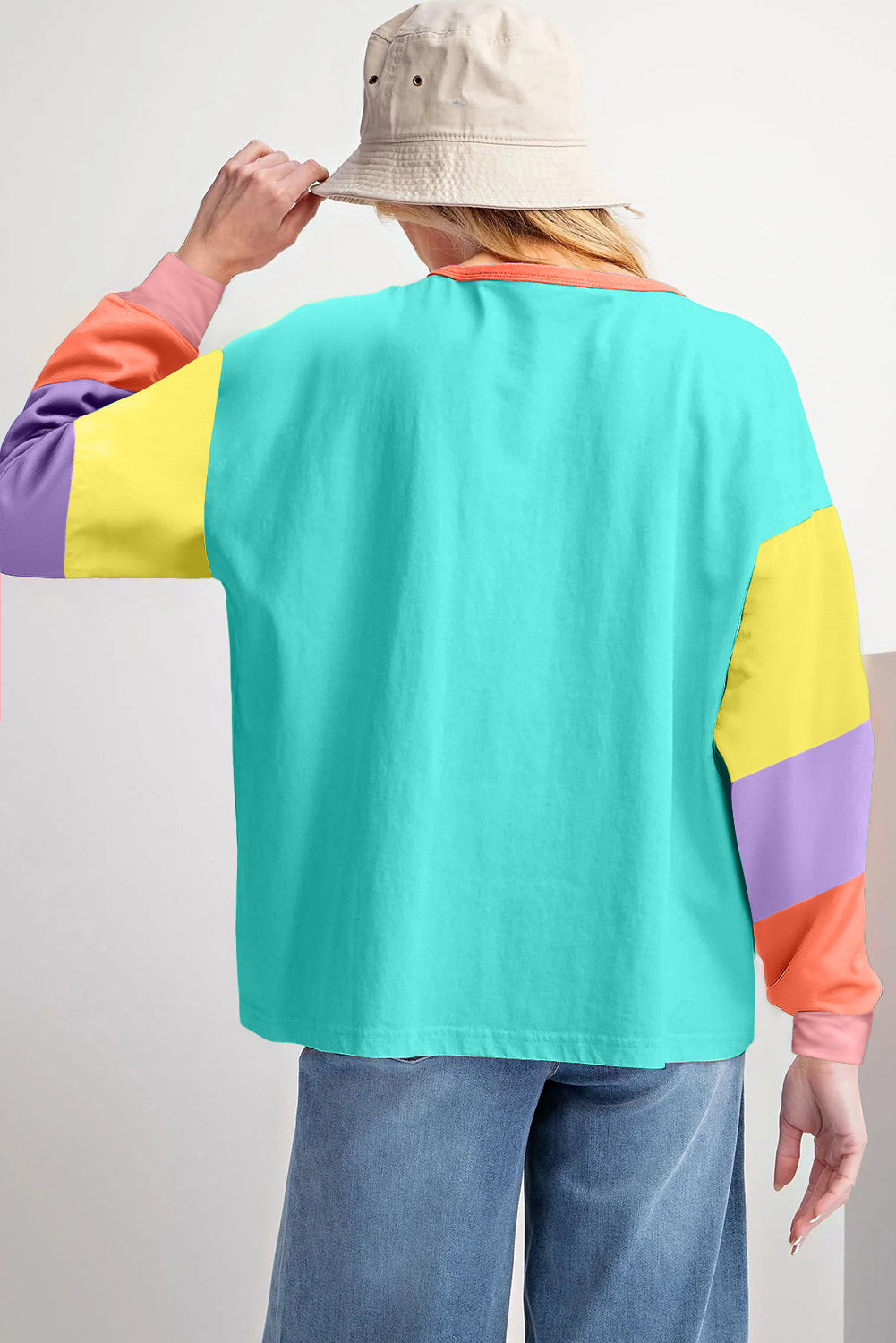 Colourblock Patchwork Long Sleeve Loose Top | Light Blue