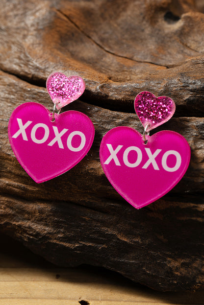 Valentine Xoxo Print Double Heart Shape Earrings | Rose Red