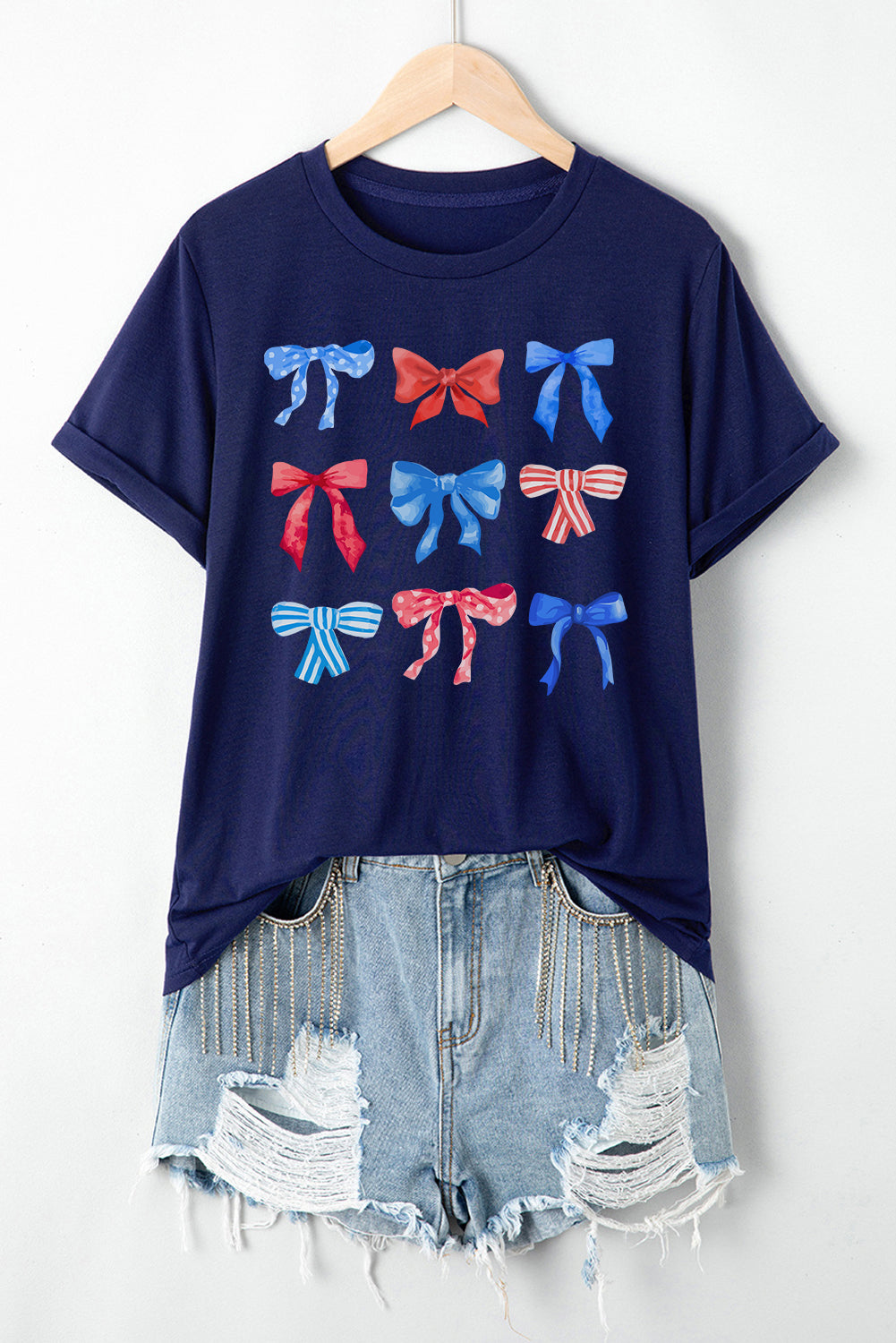 Diverse Bowknot Print Independent Day Graphic Tee | Blue