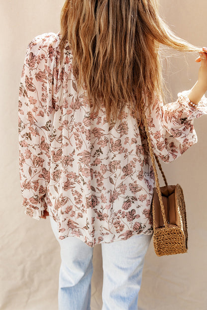 Boho Floral Print Split V Neck Bubble Sleeve Blouse | Pink