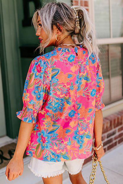 Plus Floral Print Frilly Neck Puff Sleeve Blouse | Rose