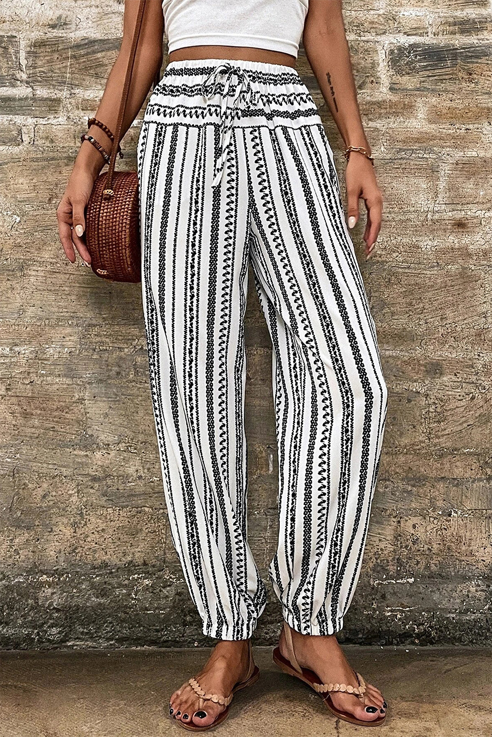 Boho Striped Print Casual Pants | Black Stripe