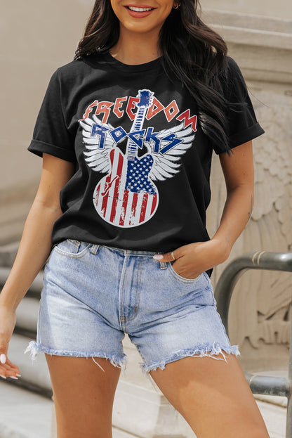 American Flag Guitar Print Crew Neck Tee | Black