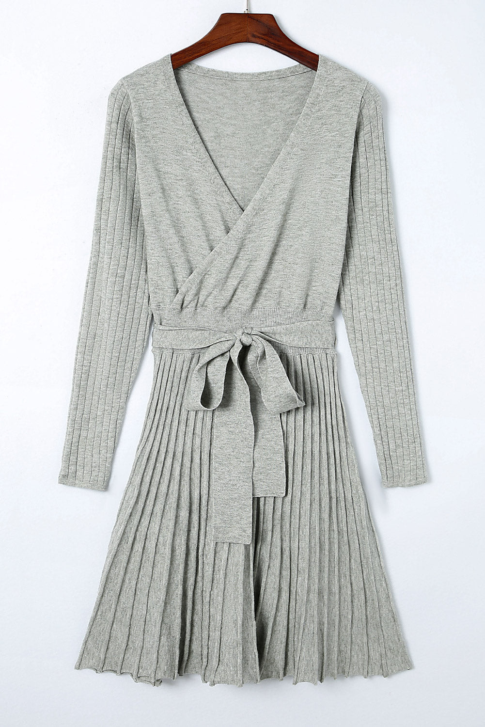 Belted V Neck Ribbed Pleated Sweater Dress | Gray