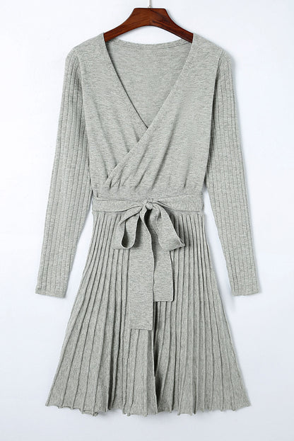 Belted V Neck Ribbed Pleated Sweater Dress | Gray