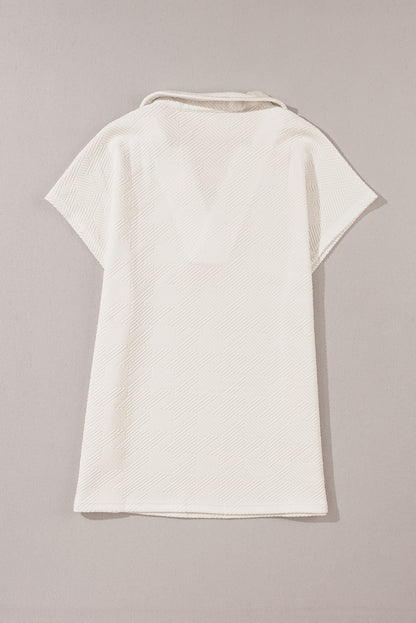 Textured V Neck Collared Short Sleeve Top | White