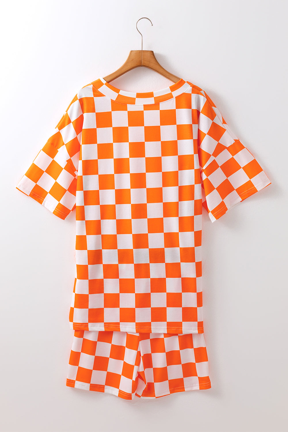 Checkerboard Print V Neck Loose Tee And Shorts Lounge Set | Orange